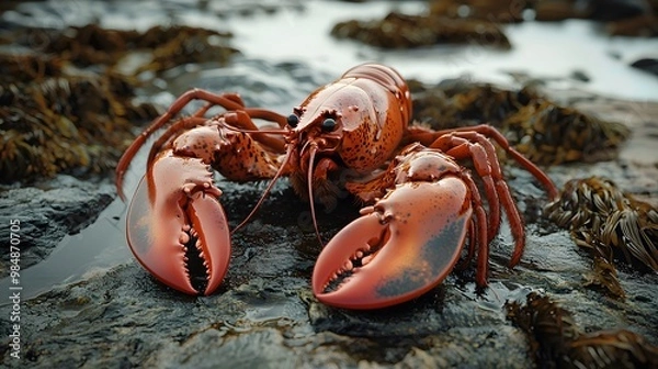 Fototapeta Close-up of bright red lobster resting on wet rocks, showcasing its detailed claws and long antennas in natural coastal setting