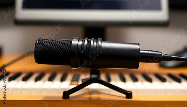 Fototapeta A sleek black microphone on a stand, ready to capture the magic of music and voice, whether for recording a studio album, a live concert performance, or a simple karaoke session