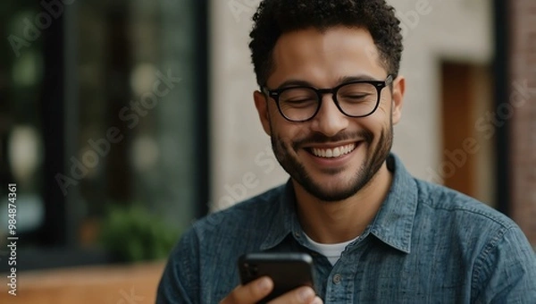 Obraz Smiling man in glasses looking at his phone.