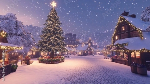 Fototapeta A snowy village square with a large Christmas tree in the center, adorned with twinkling lights and surrounded by festive market stalls.