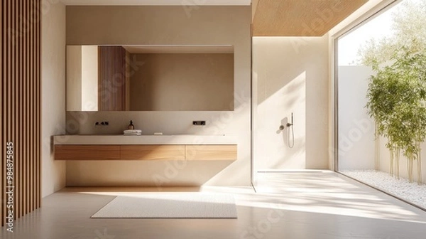 Fototapeta A stylish minimalist bathroom with a floating vanity, large mirror, and walk-in shower, featuring clean lines and a serene, clutter-free design.