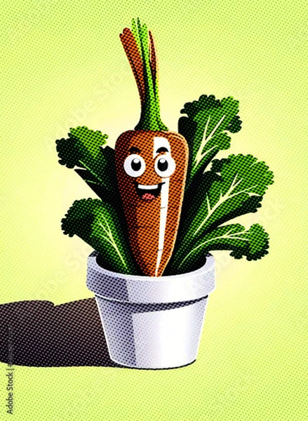 Obraz Cartoon carrot in a pot on a green background. Vector illustration.