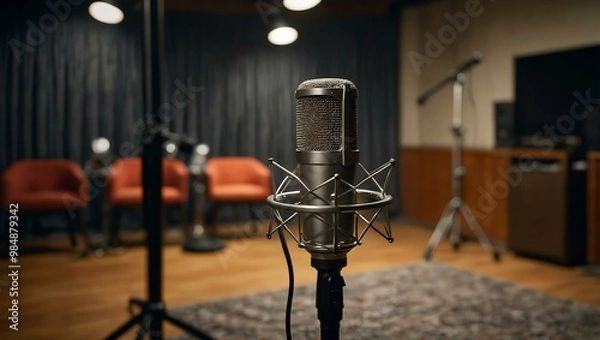 Fototapeta Studio interview setup with microphone and audio equipment.