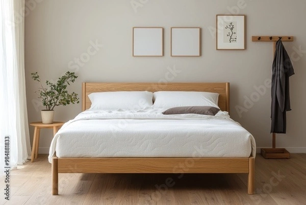Obraz Serenity in Simplicity Minimalist Bedroom with Wooden Bed Frame, Neutral Tones, and Soft Textures Symmetrical Layout for Home Decor Inspiration
