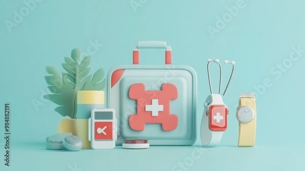 Fototapeta  medical kit with modern digital health devices, such as smartwatches and health apps
