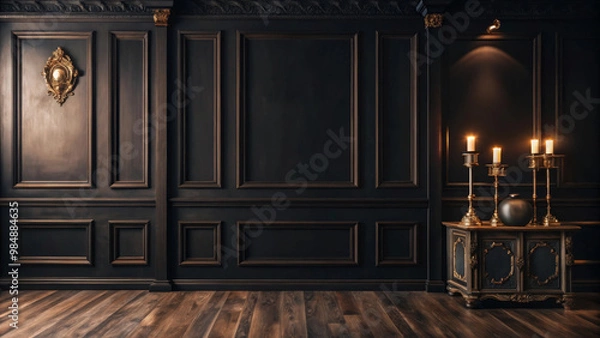 Fototapeta Elegant black wall background with ornate details and candle holders, creating sophisticated atmosphere. rich textures and warm lighting enhance luxurious feel of space