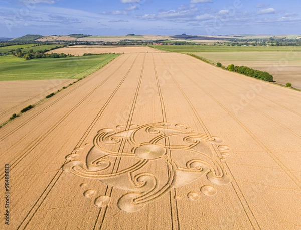 Obraz Aerial view of an intricate geometric crop circle formation in a wheat field near Etchilhampton and Devizes in Wiltshire, England, UK
