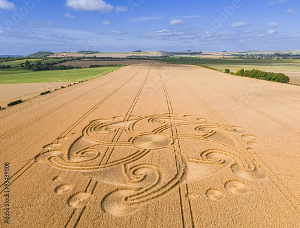 Obraz Aerial view of an intricate geometric crop circle formation in a wheat field near Etchilhampton and Devizes in Wiltshire, England, UK