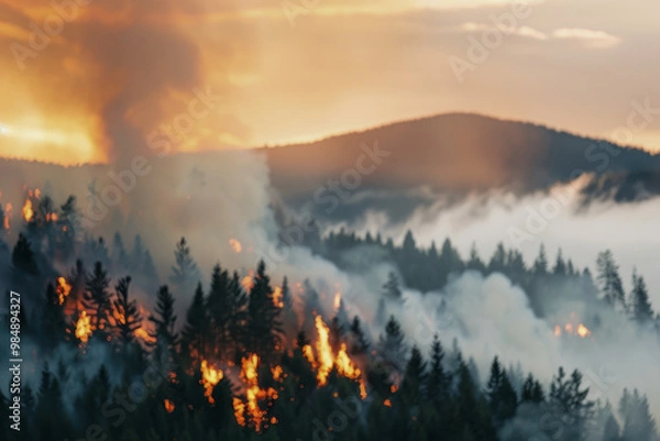 Obraz Forest wildfire spreading across hillside with intense flames and smoke