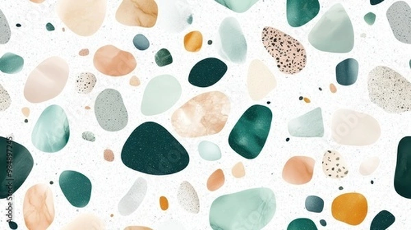 Fototapeta Watercolor pebbles in shades of green, brown, and beige forming a seamless pattern. Perfect for nature-inspired designs or abstract backgrounds.