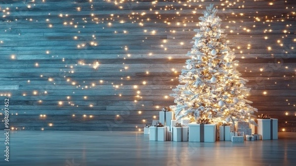 Fototapeta Christmas tree decorated with gold and beige ornaments, surrounded by wrapped gifts, warm string lights in the background. Festive holiday concept.
