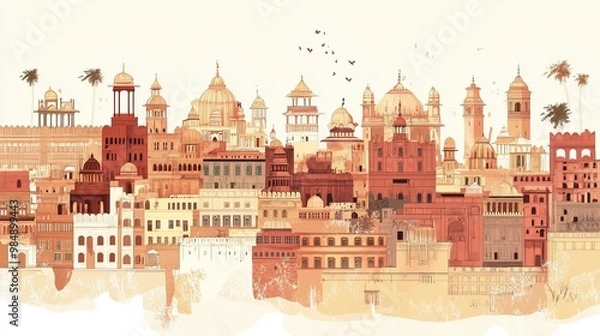 Fototapeta Hand-drawn illustration showcasing the famous architectural landmarks of Rajasthan, including its unique skyline and cultural elements like the Kachhi Ghodi folk dance