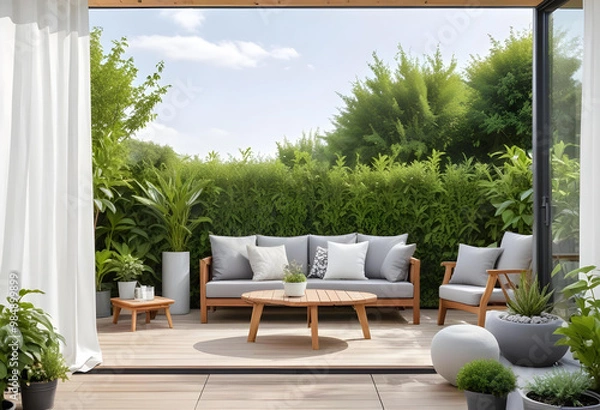 Obraz Elegant outdoor seating set with wicker furniture and white cushions, surrounded by lush greenery on a wooden deck patio.
