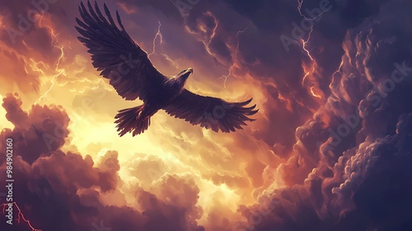 Fototapeta Thunderbird flying above stormy clouds, dramatic sky with lightning. native american heritage day. Thunderbird. Illustration