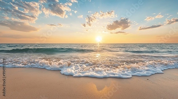 Fototapeta Soft waves gently lapping against a sandy shore under a pastel sunset, calming ocean rhythm, tranquil seascape