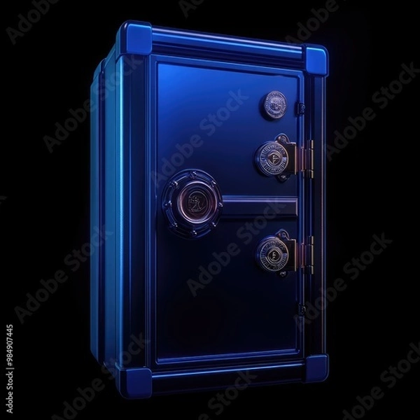 Fototapeta Blue metal safe with three locks and a round handle, isolated on black background.