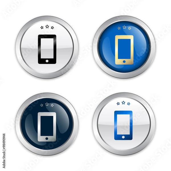 Fototapeta Communication seals or icons with smartphone symbol. Glossy silver seals or buttons.