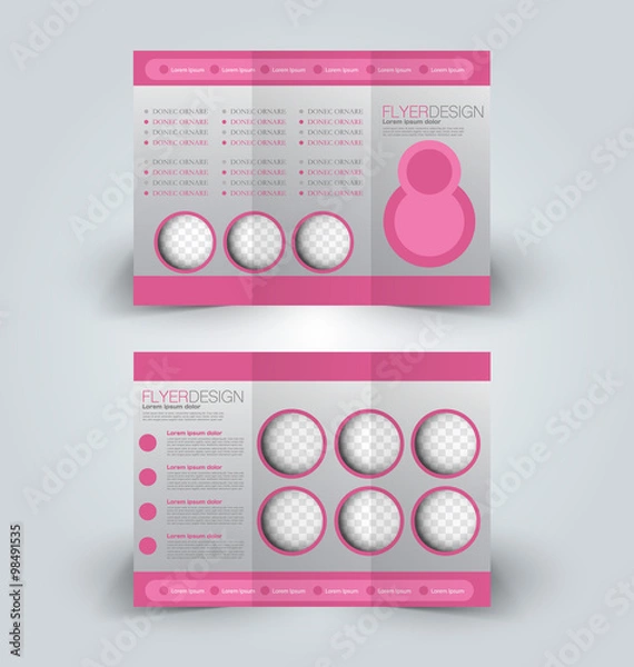 Fototapeta Brochure mock up design template for business, education, advertisement. Trifold booklet editable printable vector illustration. Pink color.