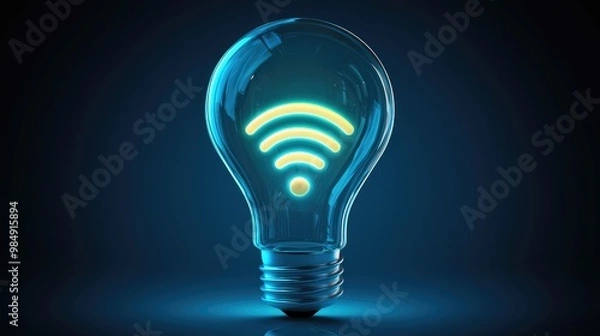 Fototapeta A light bulb with a wifi symbol glowing inside on a dark blue background.