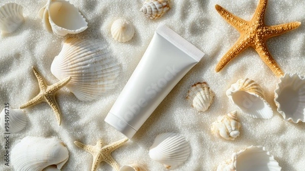 Obraz Sea-themed flat lay with skincare product and shells