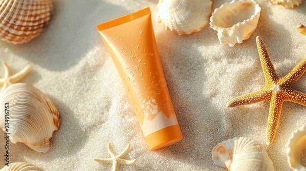 Obraz Vibrant Sunscreen Tube Surrounded by Beach Elements