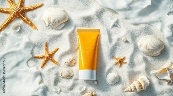 Obraz Summer Beach Essentials with Sunscreen and Shells