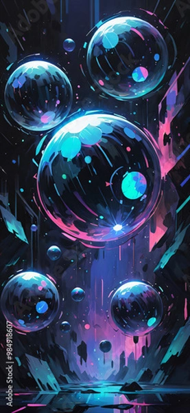 Fototapeta Floating holographic spheres, phone wallpaper, phone background