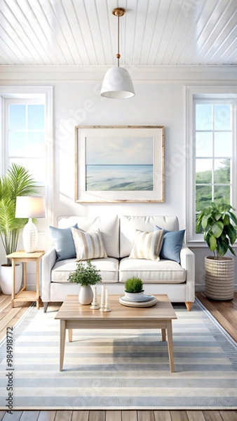 Fototapeta Hampton style living room interior with frame mockup, 3d render, white Mock up frame