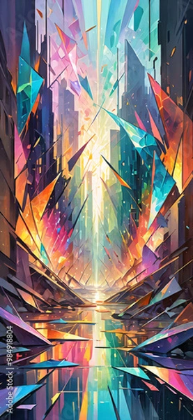 Fototapeta Holographic city reflected in a shattered mirror, phone wallpaper, phone background