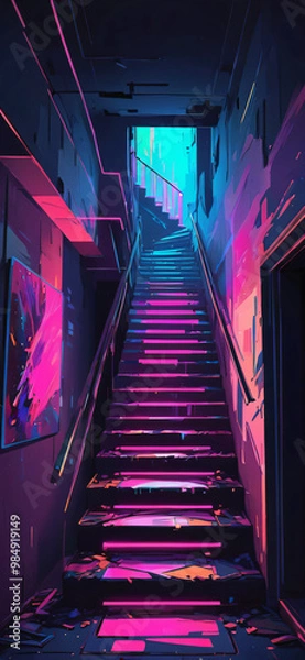 Fototapeta Glowing glitching staircase, phone wallpaper, phone background