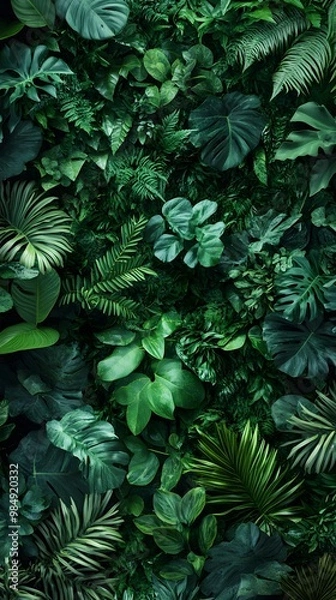 Fototapeta A lush, green wall of various leaves and plants, creating an enchanting backdrop for your product presentation. The texture is rich with shades of emerald to dark forest greens, providing a natural an