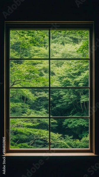 Fototapeta A captivating vista reveals a lush green forest and flowing river shrouded in fog. Natural light illuminates the scene, enhancing the peaceful atmosphere.