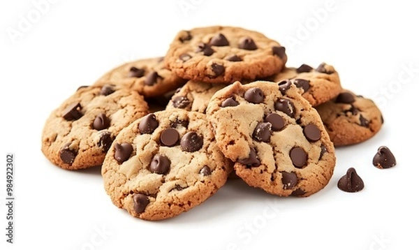 Fototapeta Pile of chocolate chip cookies isolated on white background. Generative Ai