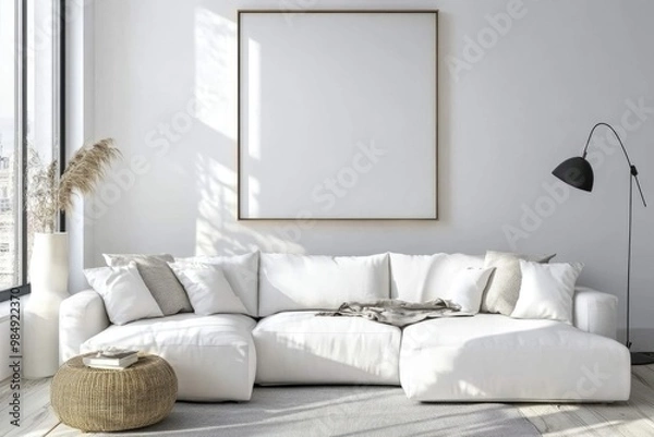 Fototapeta Minimalist White Living Room with Elegant Poster and Stylish Sofa