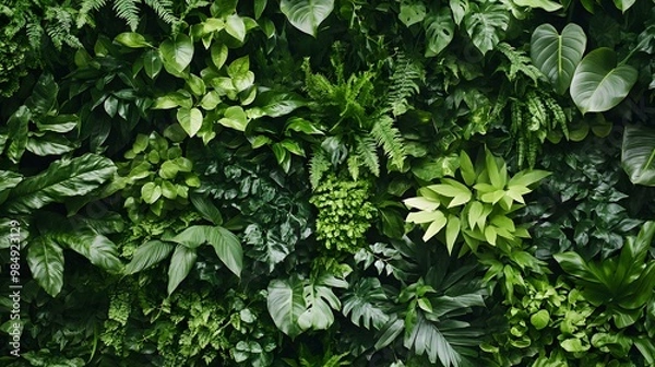 Fototapeta A lush, green wall of various leaves and plants, creating an enchanting backdrop for your product presentation. The texture is rich with shades of emerald to dark forest greens, providing a natural an