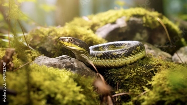 Fototapeta A Green Snake Resting on Mossy Rocks in a Forest