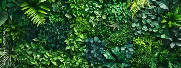 Fototapeta A lush, green wall of various leaves and plants, creating an enchanting backdrop for your product presentation. The texture is rich with shades of emerald to dark forest greens, providing a natural an