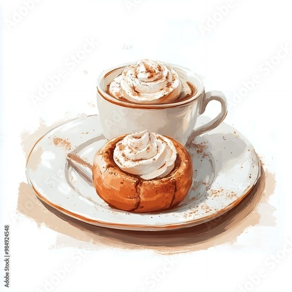 Fototapeta Cinnamon Roll with Coffee Illustration on a Plate with Autumn Leaves