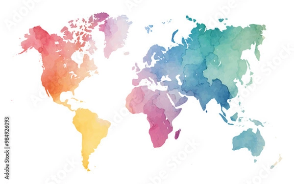Obraz A vibrant watercolor world map showcases various colors blending beautifully. Each continent features a unique hue, enhancing its artistic appeal while highlighting global geography.