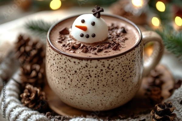 Fototapeta Snowman marshmallow relaxing in a cup of hot chocolate with whipped cream
