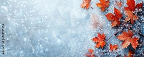 Obraz Beautiful frozen autumn maple leaves on the ground. Autumn winter background	