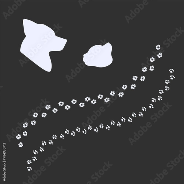 Obraz Silhouette of Dog and Cat Heads. Pet Paw Prints. Vector