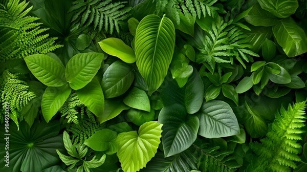 Fototapeta A lush, green wall of various leaves and plants, creating an enchanting backdrop for your product presentation. The texture is rich with shades of emerald to dark forest greens, providing a natural an