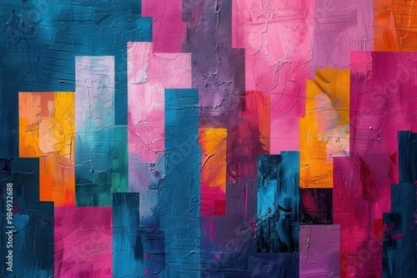 Fototapeta A painting of a cityscape with many different colors and shapes