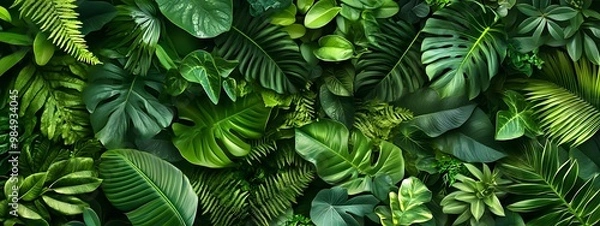 Fototapeta A lush, green wall of various leaves and plants, creating an enchanting backdrop for your product presentation. The texture is rich with shades of emerald to dark forest greens, providing a natural an