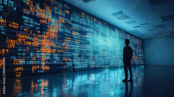 Fototapeta Binary numbers matrix on walls in cyberspace