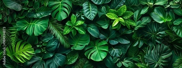 Fototapeta A lush, green wall of various leaves and plants, creating an enchanting backdrop for your product presentation. The texture is rich with shades of emerald to dark forest greens, providing a natural an