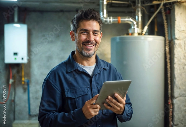 Fototapeta Portrait of a happy hispanic man, technician, HVAC homeowner in the basement by a water heater, burner, duct work. Using tablet for DIY repair or install, happy with work done, quote