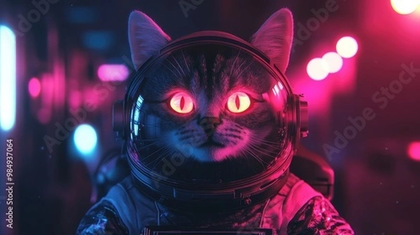 Fototapeta A tabby cat with glowing red eyes wears an astronaut helmet with a neon cityscape in the background.