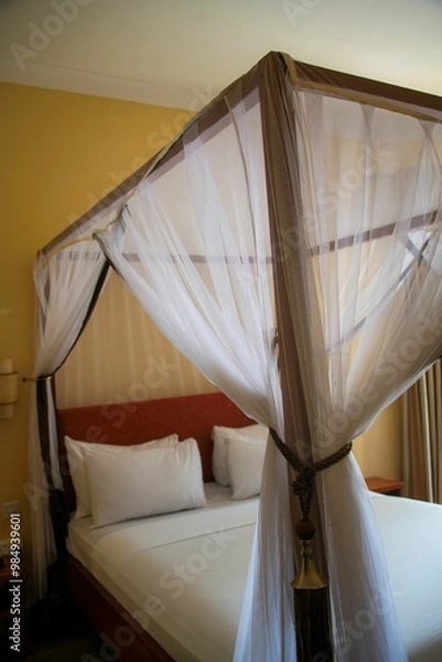 Fototapeta Guest bed with mosquito net in an African house